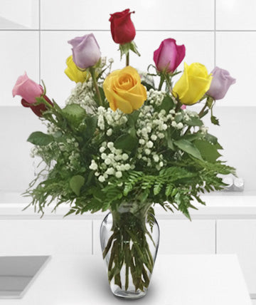 Valentines Day dozen mulicolor roses in vase